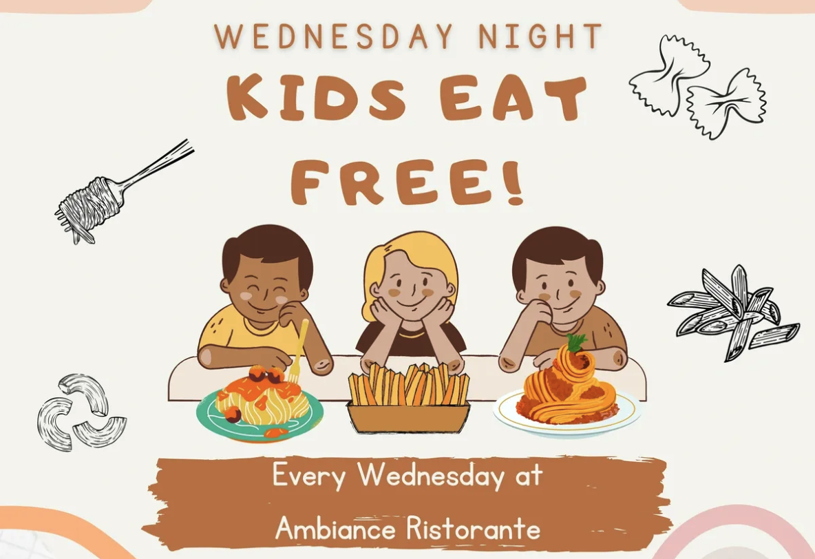 Flyer for Kids Eat Free at Ambiance Ristorante